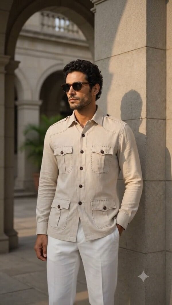 Men's Linen Hunter Shirt – Cream Safari Overshirt, Four Pocket Travel Jacket
