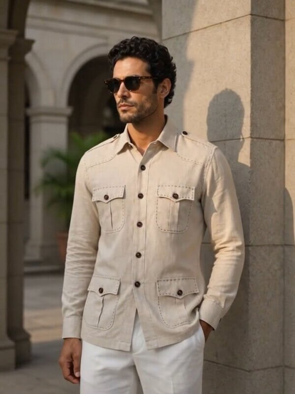 Men's Linen Hunter Shirt – Cream Safari Overshirt, Four Pocket Travel Jacket
