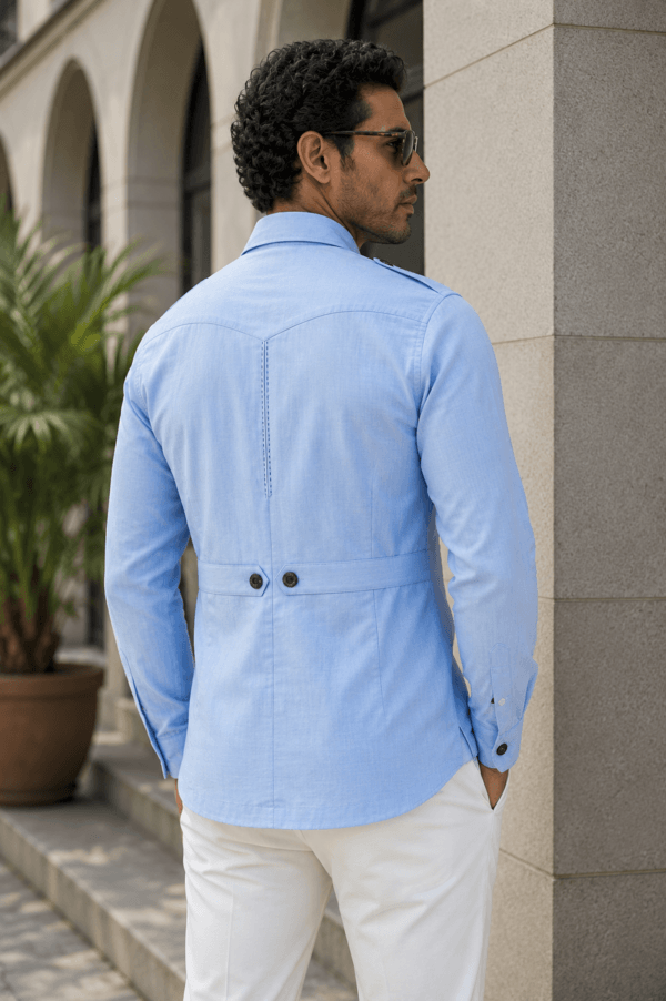 Men's Sky Blue Linen Safari Hunter Shirt  – Four Pocket Utility Overshirt