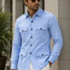 Men's Sky Blue Linen Safari Hunter Shirt  – Four Pocket Utility Overshirt