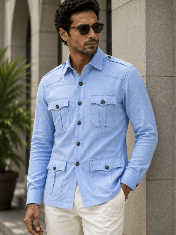 Men's Sky Blue Linen Safari Hunter Shirt  – Four Pocket Utility Overshirt