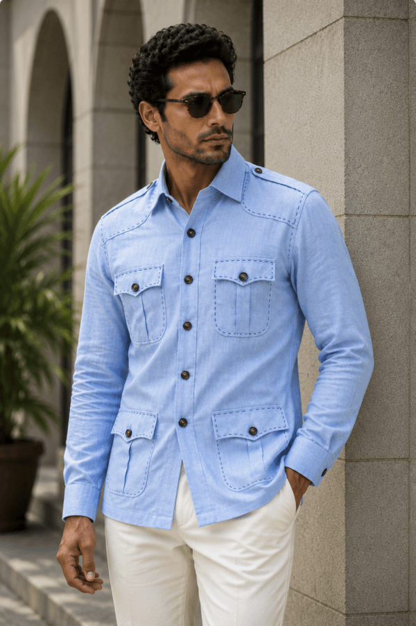 Men's Sky Blue Linen Safari Hunter Shirt  – Four Pocket Utility Overshirt